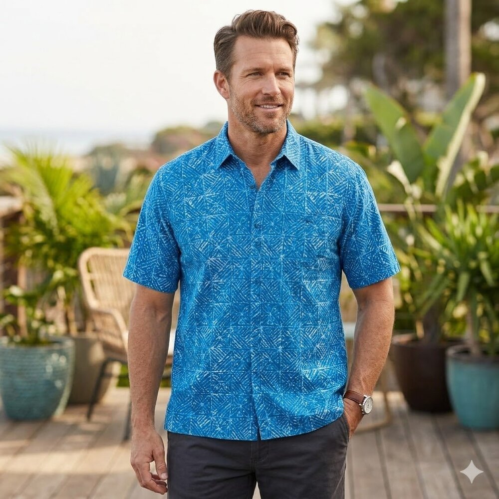 Kona Kai Hawaiian Shirt Silk Blend Blue Button-Up Top Summer Hawaii Top 2XL